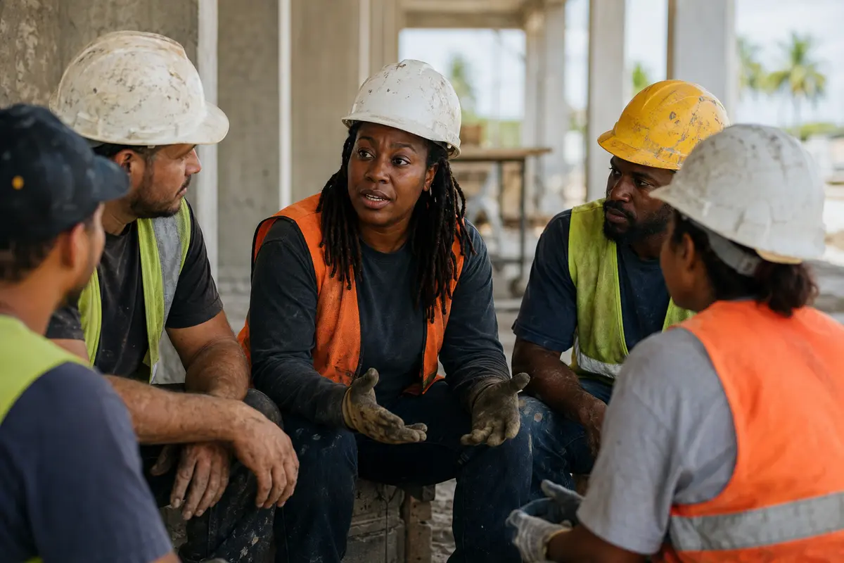 Construction workers listening to one another during a break