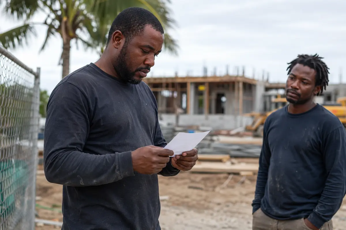 Construction worker reviewing a timecard with a coworker