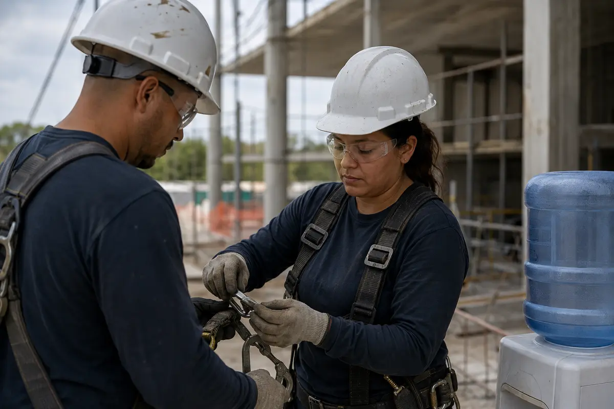 Construction workers checking safety equipment together