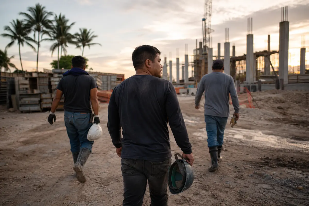 Construction workers walking together toward a job site
